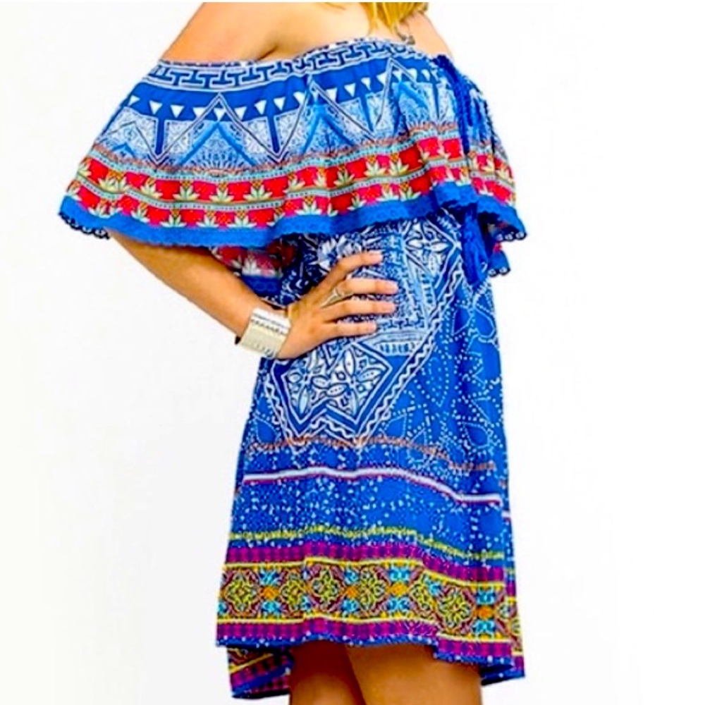 Flying Tomato Colorful Blue Off the Shoulder Dress Size M